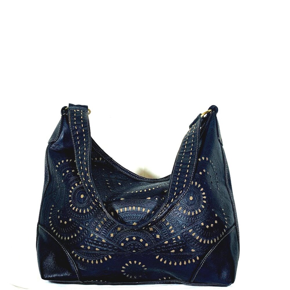 Black Leather Laser Cut Shoulder Bag